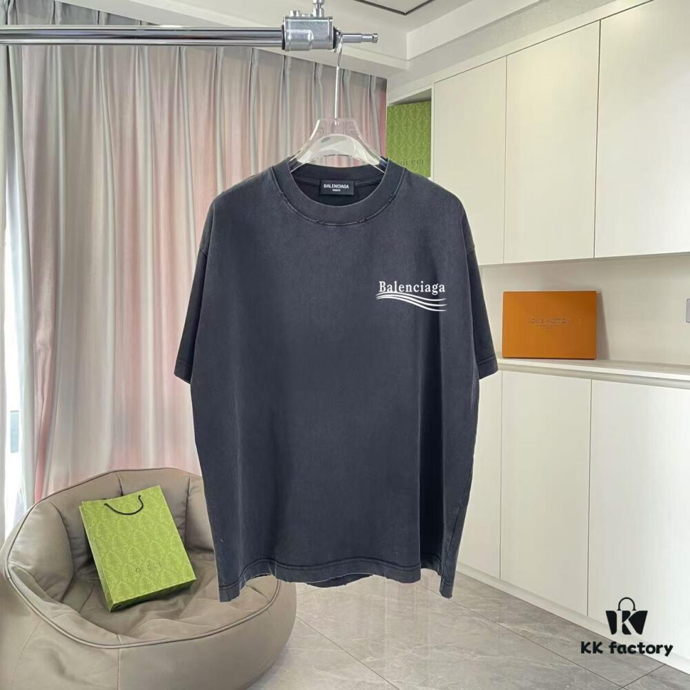 BALENCI*GA Paris 2025 Summer New Arrival Gradient Distressed Short-Sleeve T-Shirt with Signature Logo Print, Custom 320g Fabric, Unisex Design