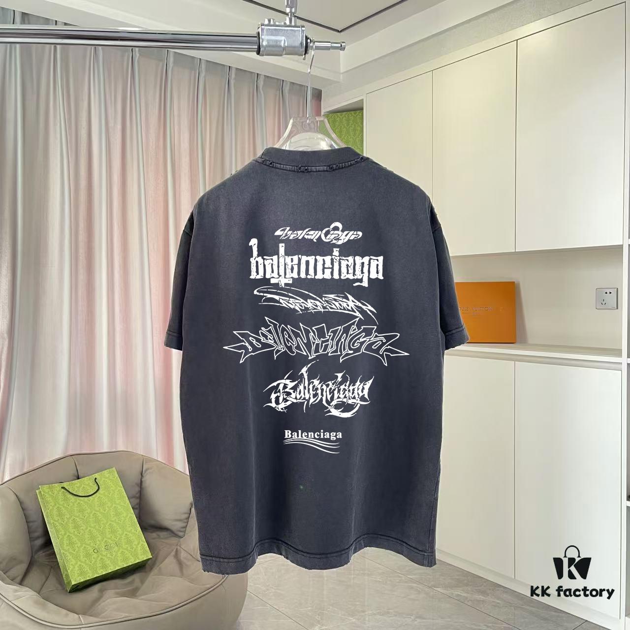 BALENCI*GA Paris 2025 Summer New Arrival Gradient Distressed Short-Sleeve T-Shirt with Signature Logo Print, Custom 320g Fabric, Unisex Design