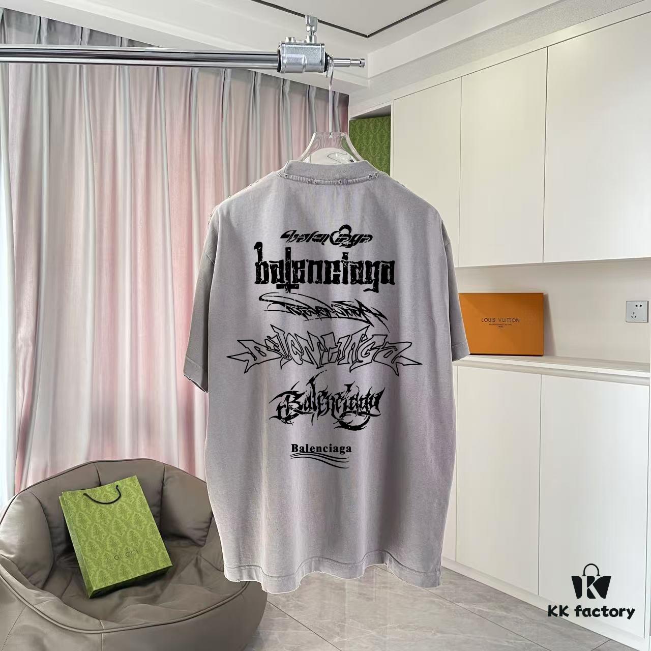 BALENCI*GA Paris 2025 Summer New Arrival Ombre Distressed Custom Fabric 320g Graphic Logo Short Sleeve T-Shirt Unisex