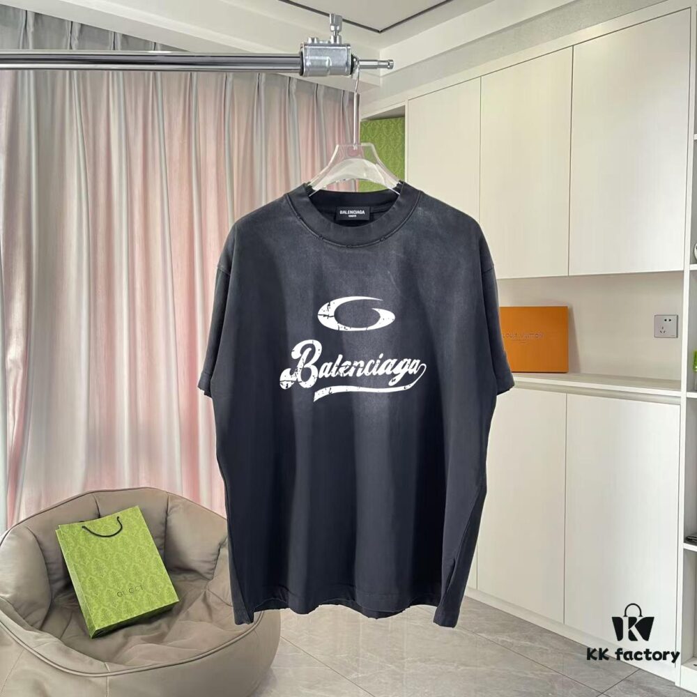 BALENCI*GA Paris 2025 Summer New Arrival Gradient Distressed Short-Sleeve T-Shirt with Signature Logo Print, Custom 320g Fabric Unisex Design