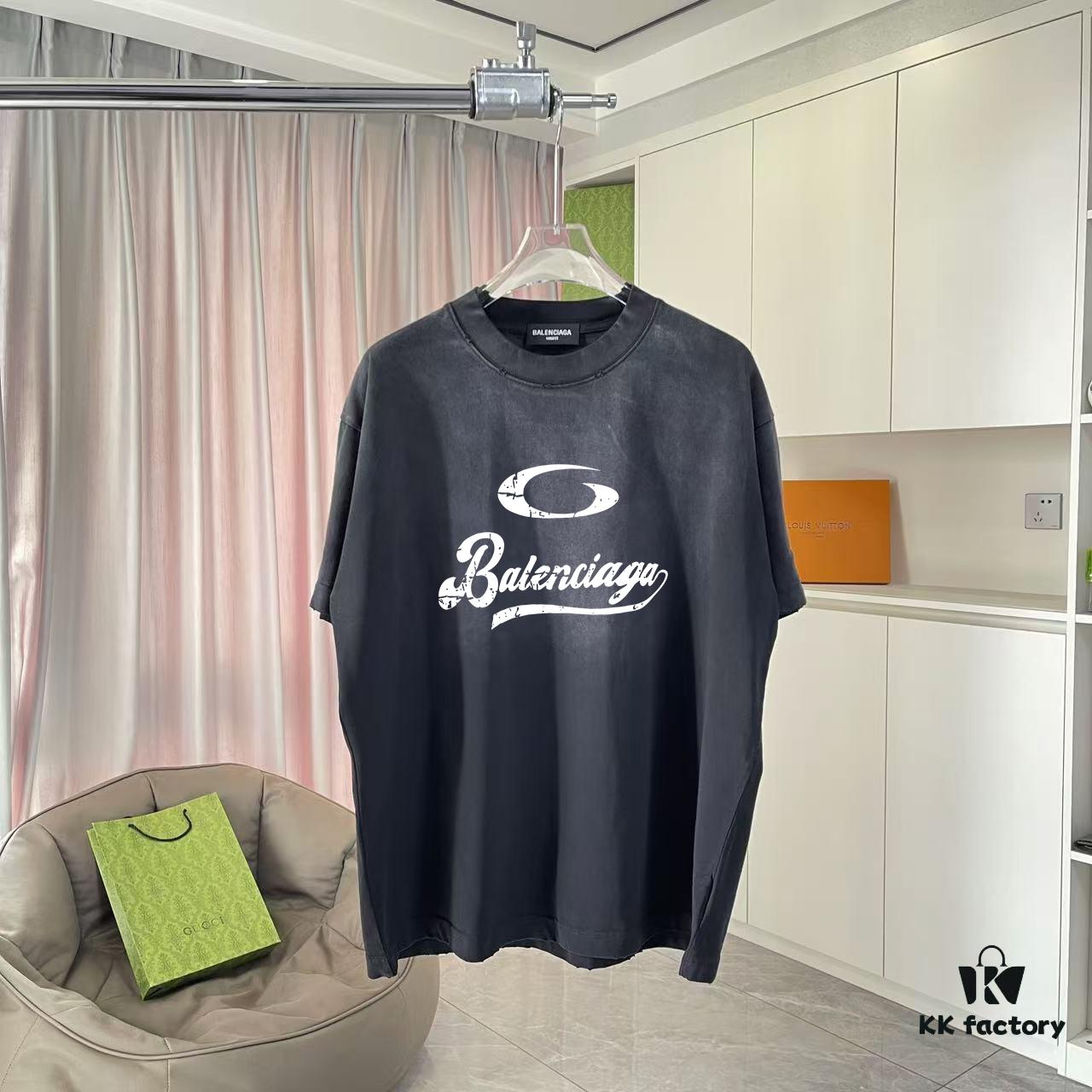 BALENCI*GA Paris 2025 Summer New Arrival Gradient Distressed Short-Sleeve T-Shirt with Signature Logo Print, Custom 320g Fabric Unisex Design