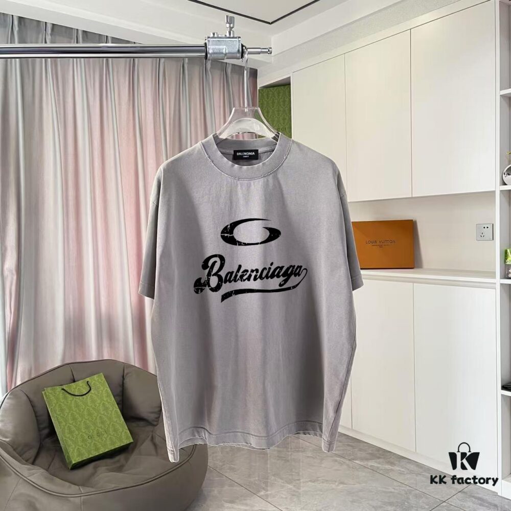 BALENCI*GA Paris 2025 Summer New Arrival Ombre Distressed Vintage Letter Logo Print Custom 320g Fabric Short Sleeve T-Shirt Unisex