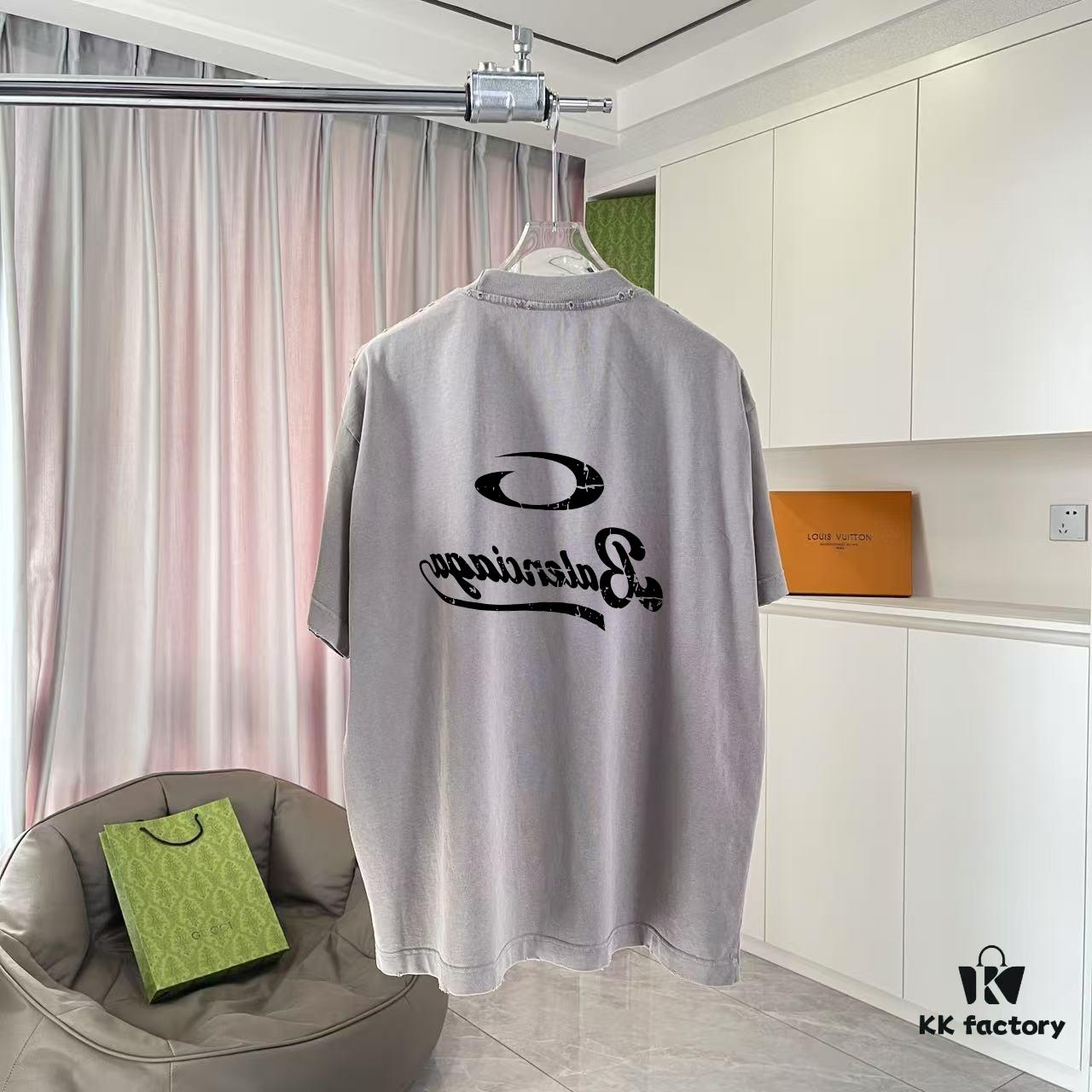 BALENCI*GA Paris 2025 Summer New Arrival Ombre Distressed Vintage Letter Logo Print Custom 320g Fabric Short Sleeve T-Shirt Unisex