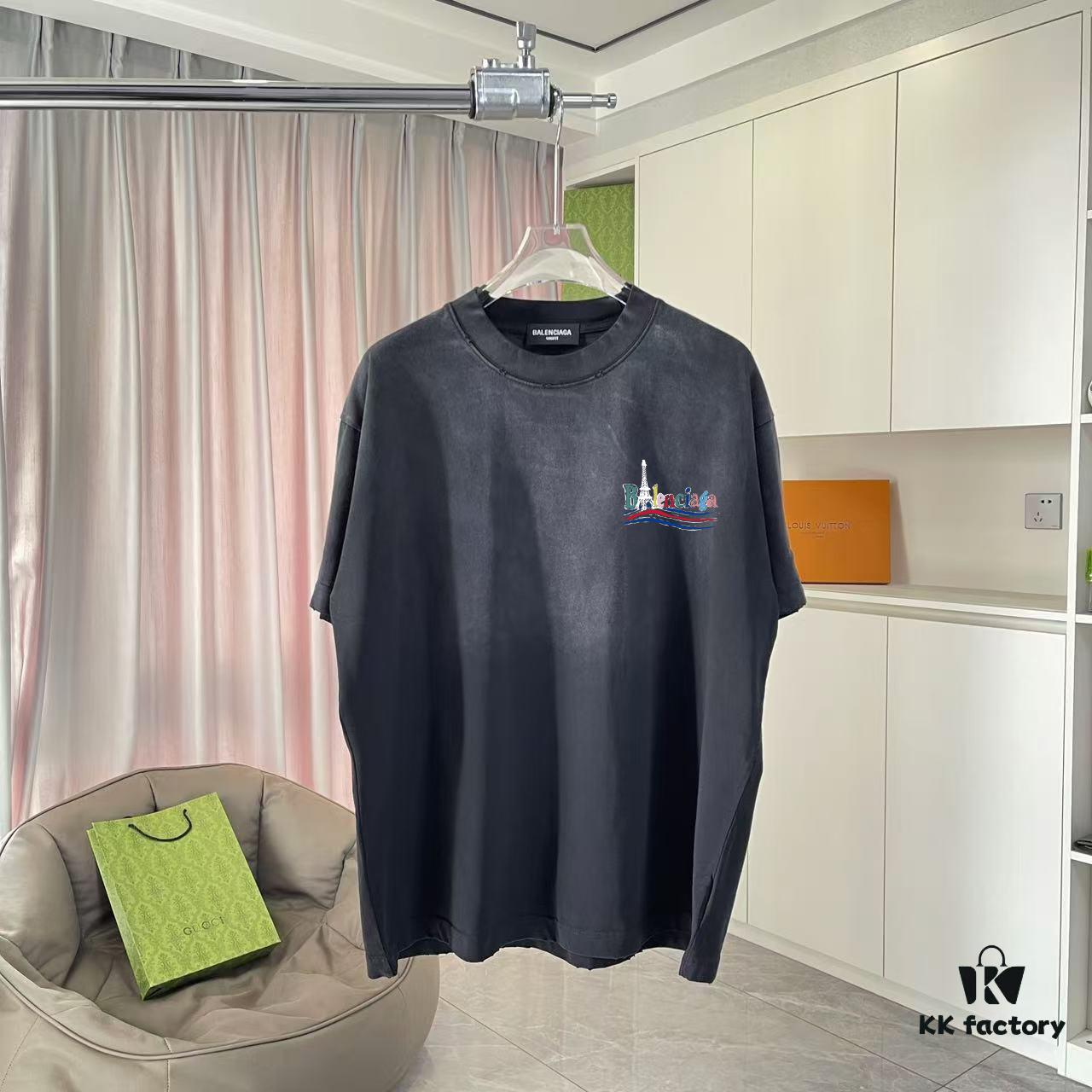 BALENCI*GA Paris 2025 Summer New Arrival Ombre Distressed Custom Fabric 320g Graphic Logo Short Sleeve T-Shirt Unisex