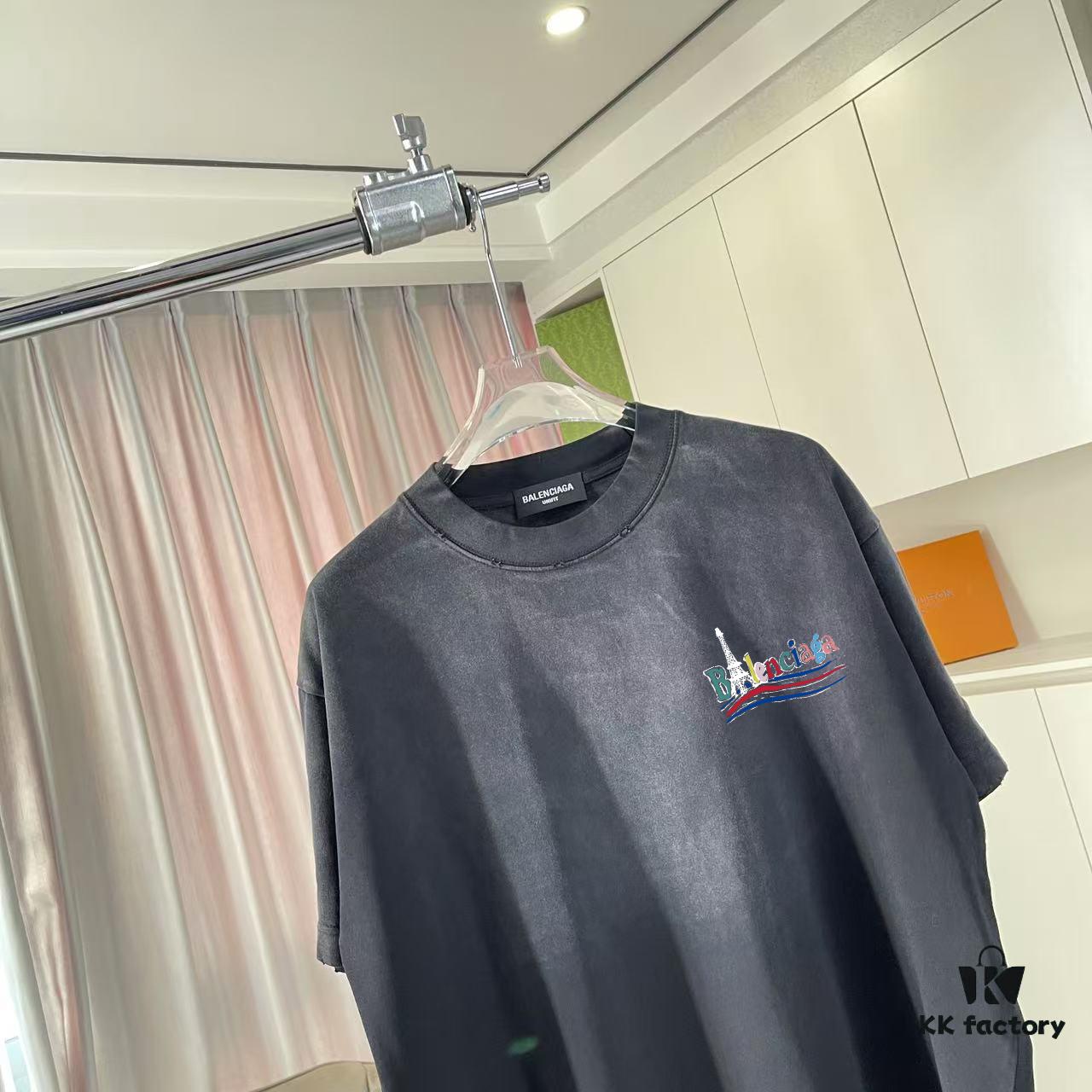 BALENCI*GA Paris 2025 Summer New Arrival Ombre Distressed Custom Fabric 320g Graphic Logo Short Sleeve T-Shirt Unisex