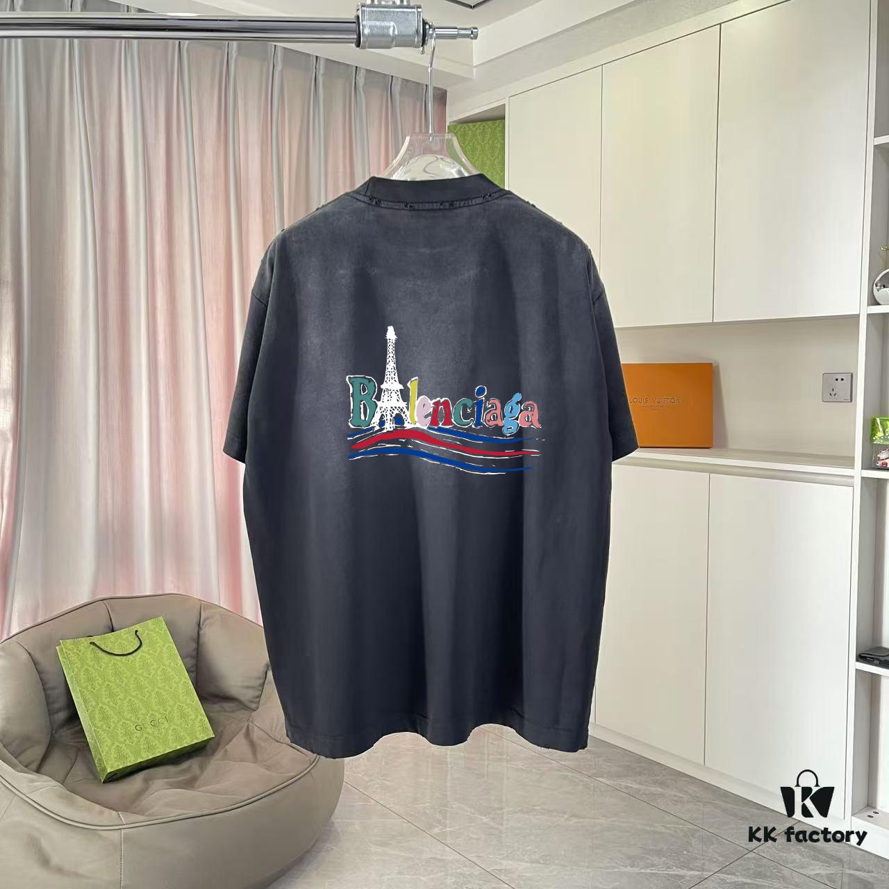 BALENCI*GA Paris 2025 Summer New Arrival Ombre Distressed Custom Fabric 320g Graphic Logo Short Sleeve T-Shirt Unisex