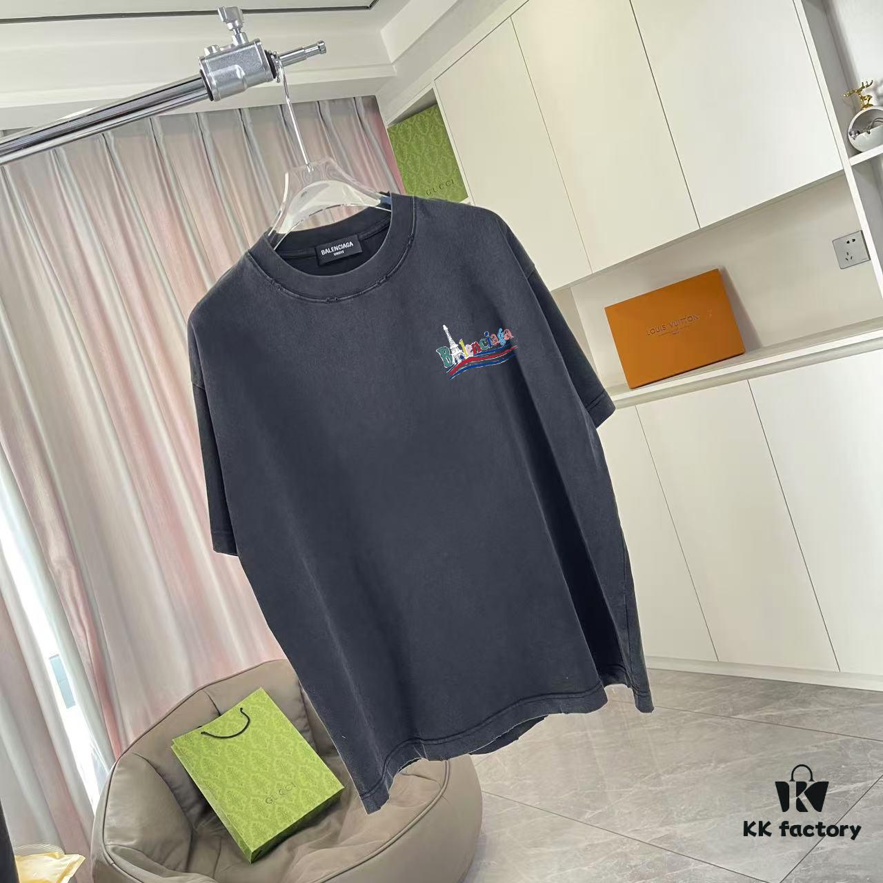 BALENCI*GA Paris 2025 Summer New Arrival Ombre Distressed Vintage Letter Logo Print Custom 320g Fabric Short Sleeve T-Shirt Unisex