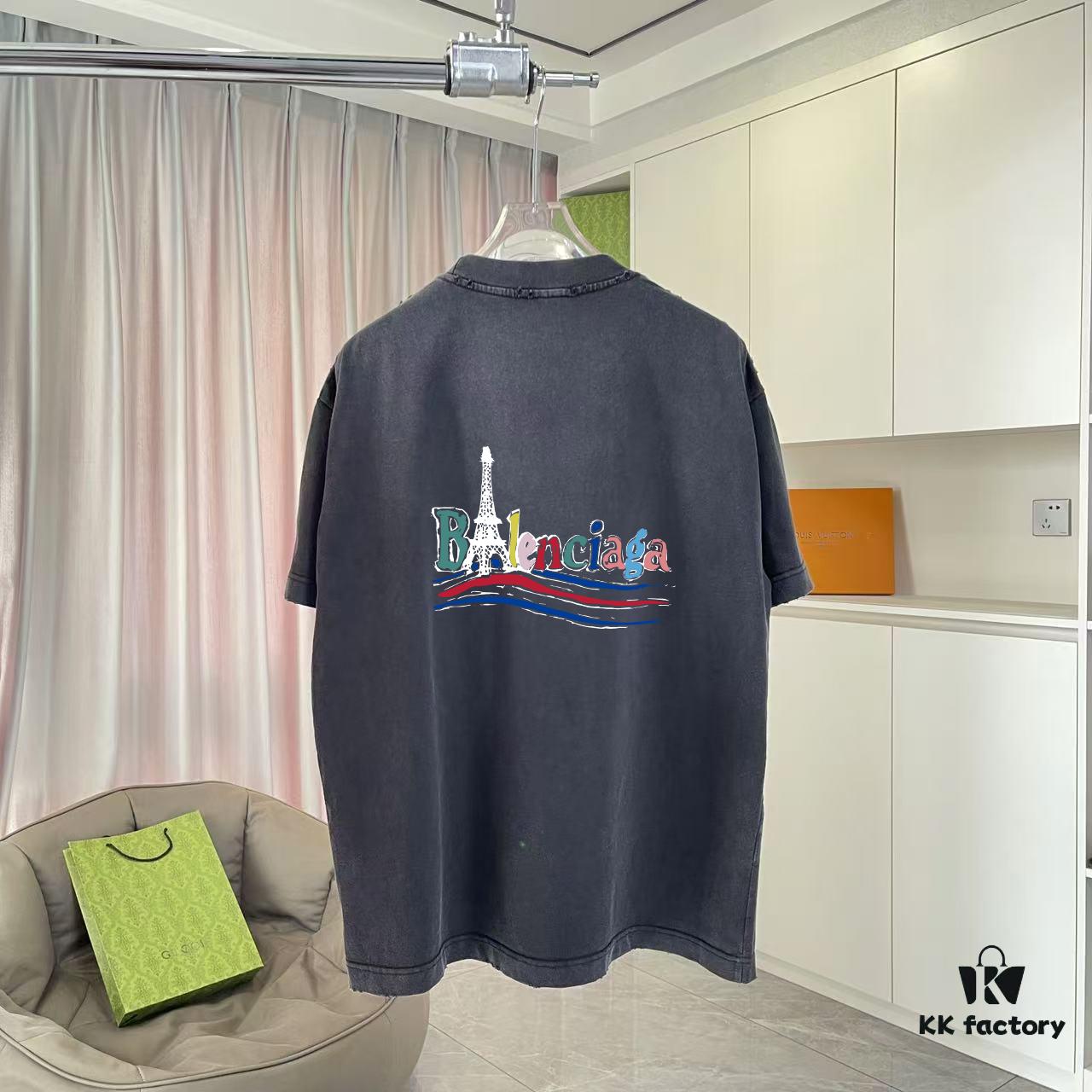 BALENCI*GA Paris 2025 Summer New Arrival Ombre Distressed Vintage Letter Logo Print Custom 320g Fabric Short Sleeve T-Shirt Unisex