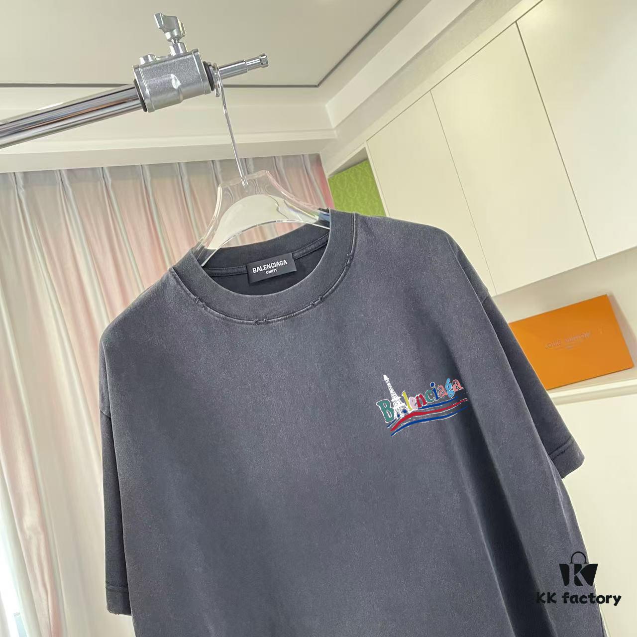 BALENCI*GA Paris 2025 Summer New Arrival Ombre Distressed Vintage Letter Logo Print Custom 320g Fabric Short Sleeve T-Shirt Unisex