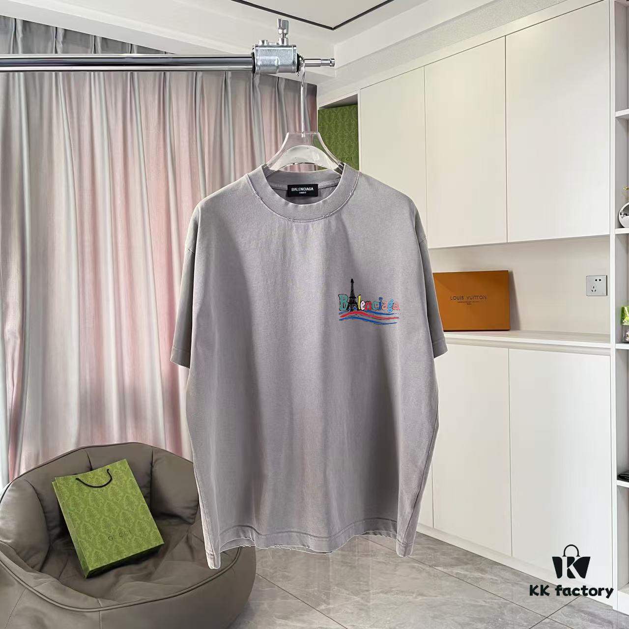 BALENCI*GA Paris 2025 Summer New Arrival Gradient Distressed Vintage Short Sleeve T-Shirt with Unique Letter Logo Print, Custom 320g Fabric Unisex Design