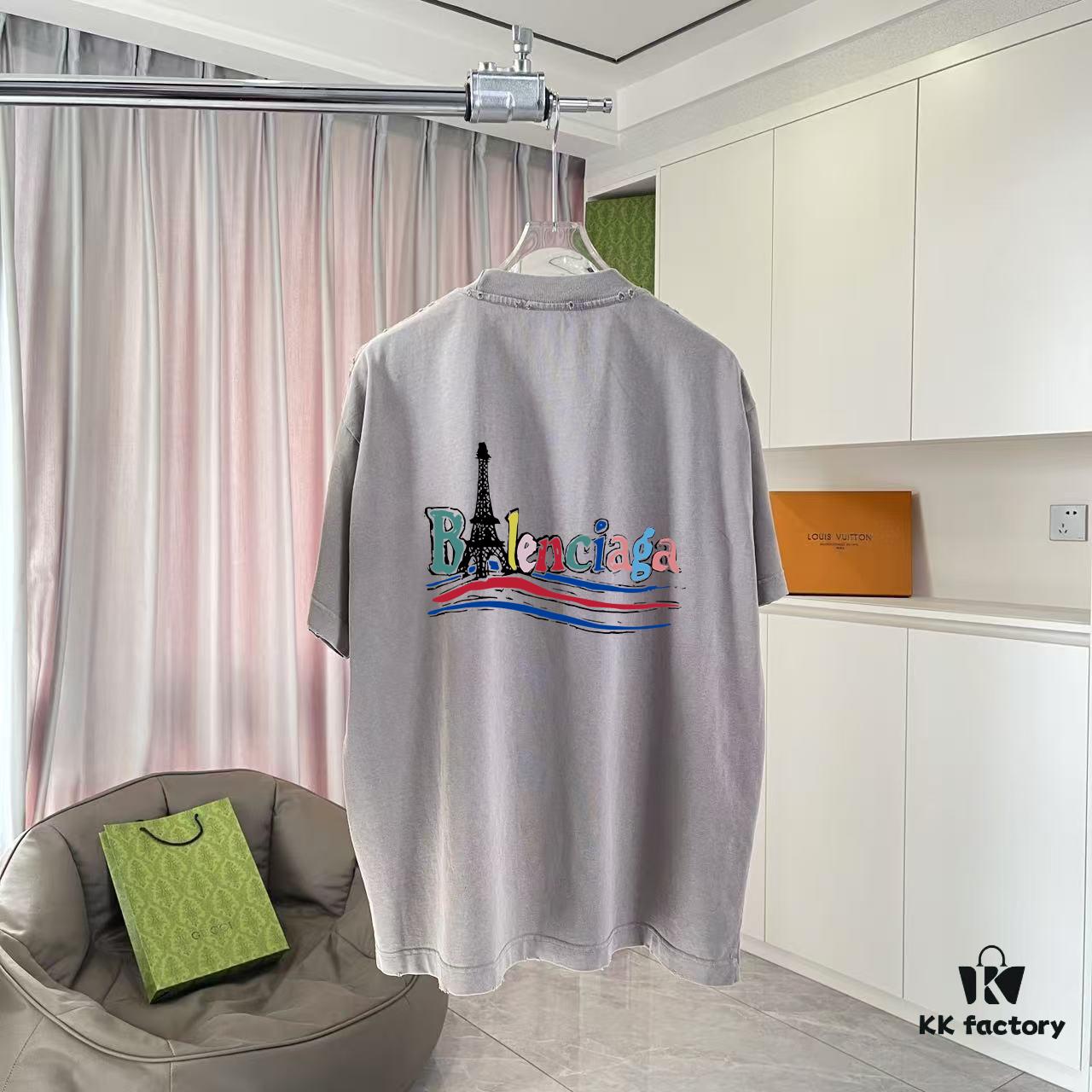 BALENCI*GA Paris 2025 Summer New Arrival Gradient Distressed Vintage Short Sleeve T-Shirt with Unique Letter Logo Print, Custom 320g Fabric Unisex Design