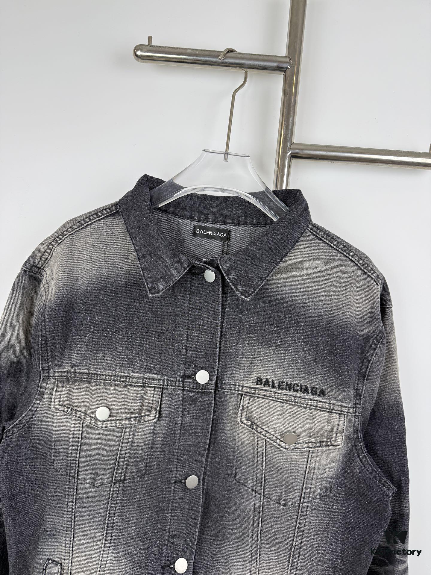 New Balenciaga Logo Embroidered Washed Denim Gray Jacket