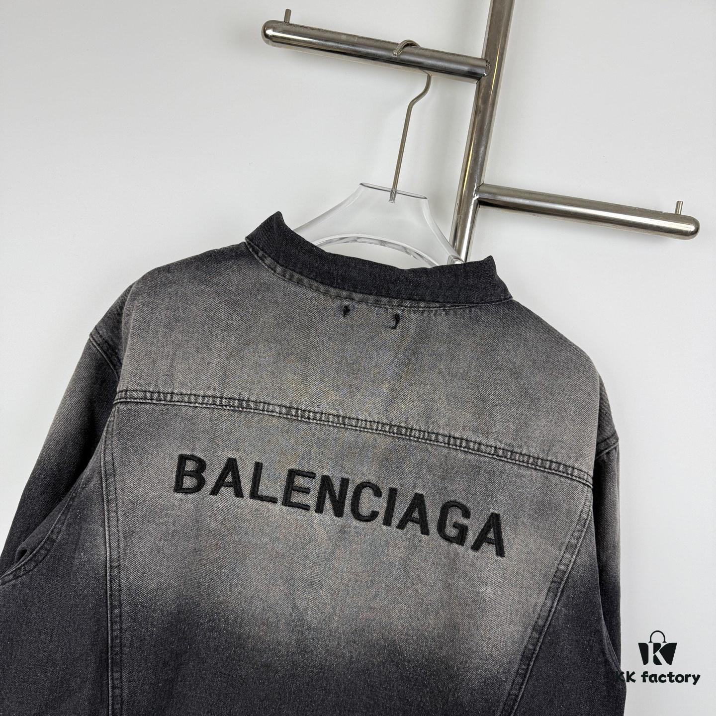New Balenciaga Logo Embroidered Washed Denim Gray Jacket