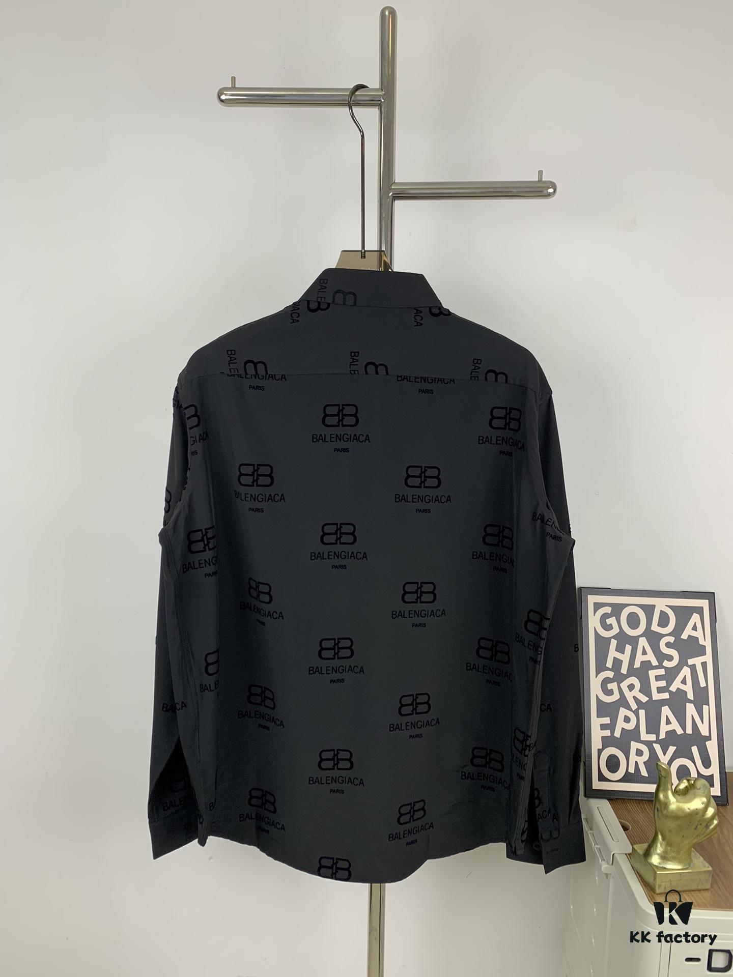 New Balenciaga 2024 SS Unisex Flocked Print Button-Up Shirt with Logo Buckle, Cotton Satin Fabric with Subtle Stretch