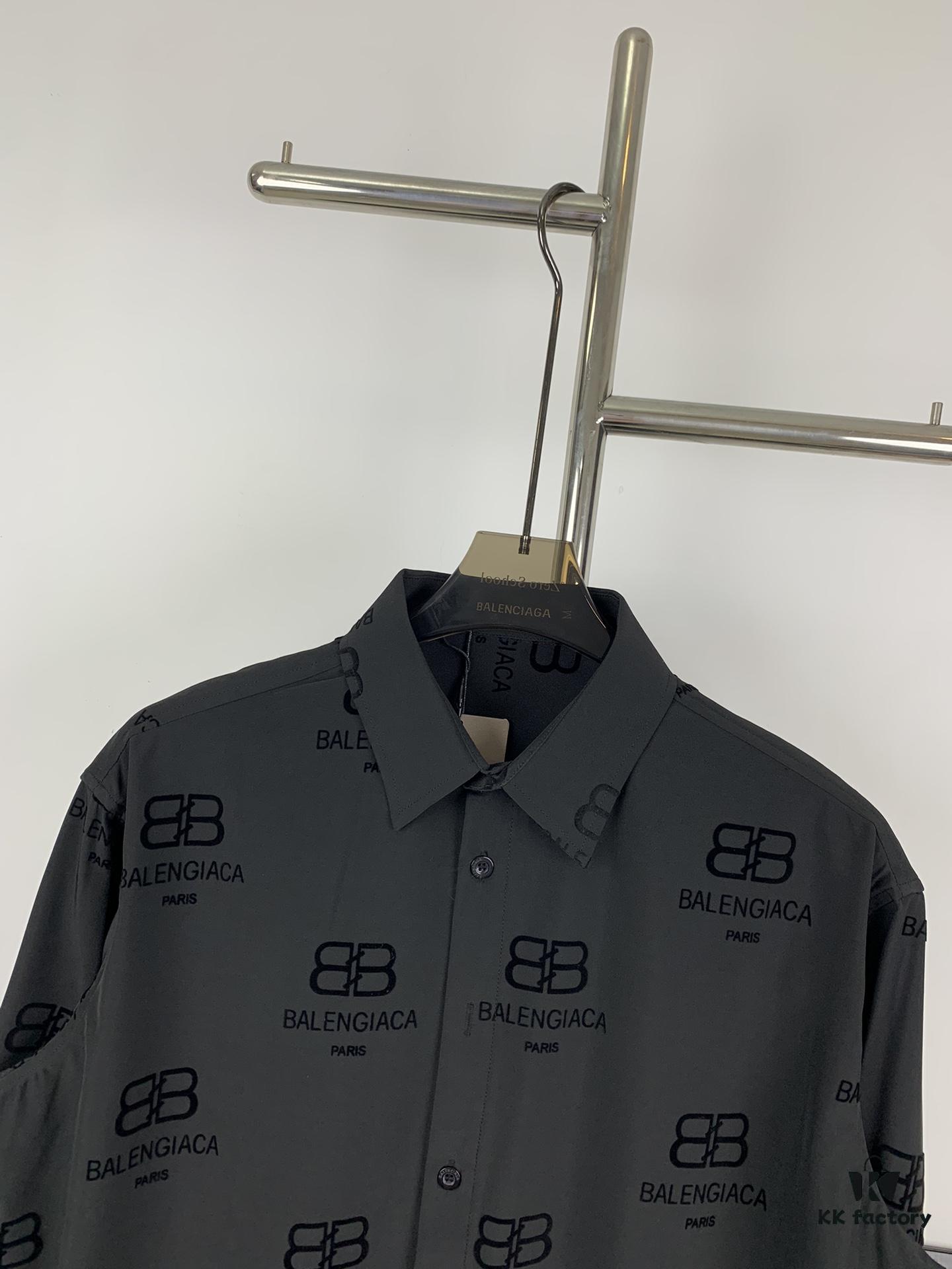 New Balenciaga 2024 SS Unisex Flocked Print Button-Up Shirt with Logo Buckle, Cotton Satin Fabric with Subtle Stretch