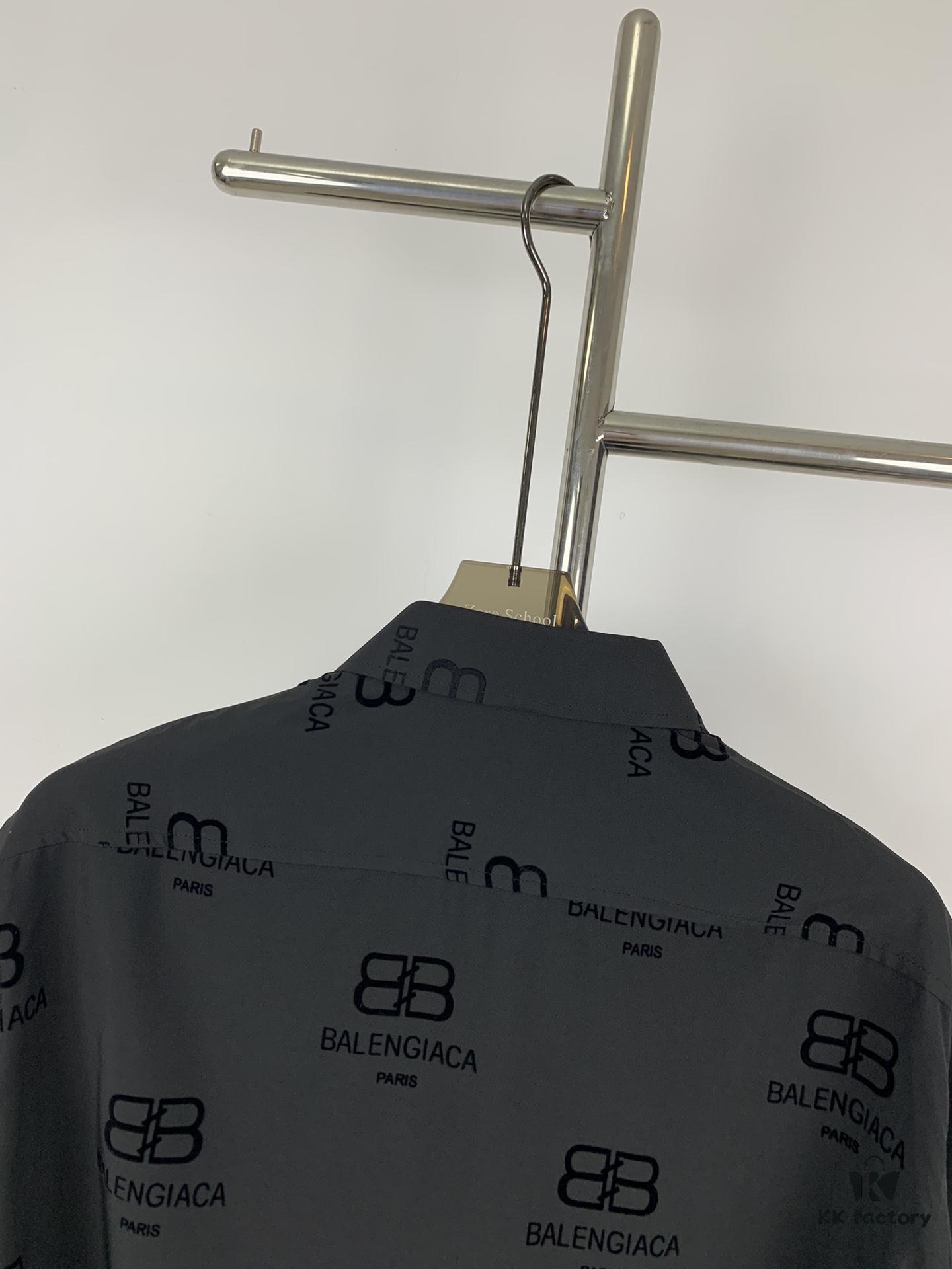 New Balenciaga 2024 SS Unisex Flocked Print Button-Up Shirt with Logo Buckle, Cotton Satin Fabric with Subtle Stretch