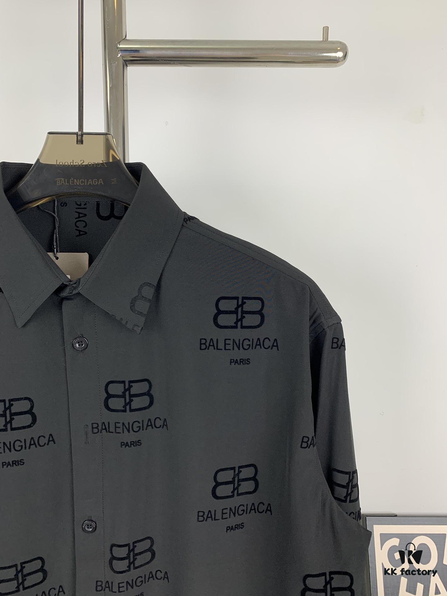 New Balenciaga 2024 SS Unisex Flocked Print Button-Up Shirt with Logo Buckle, Cotton Satin Fabric with Subtle Stretch