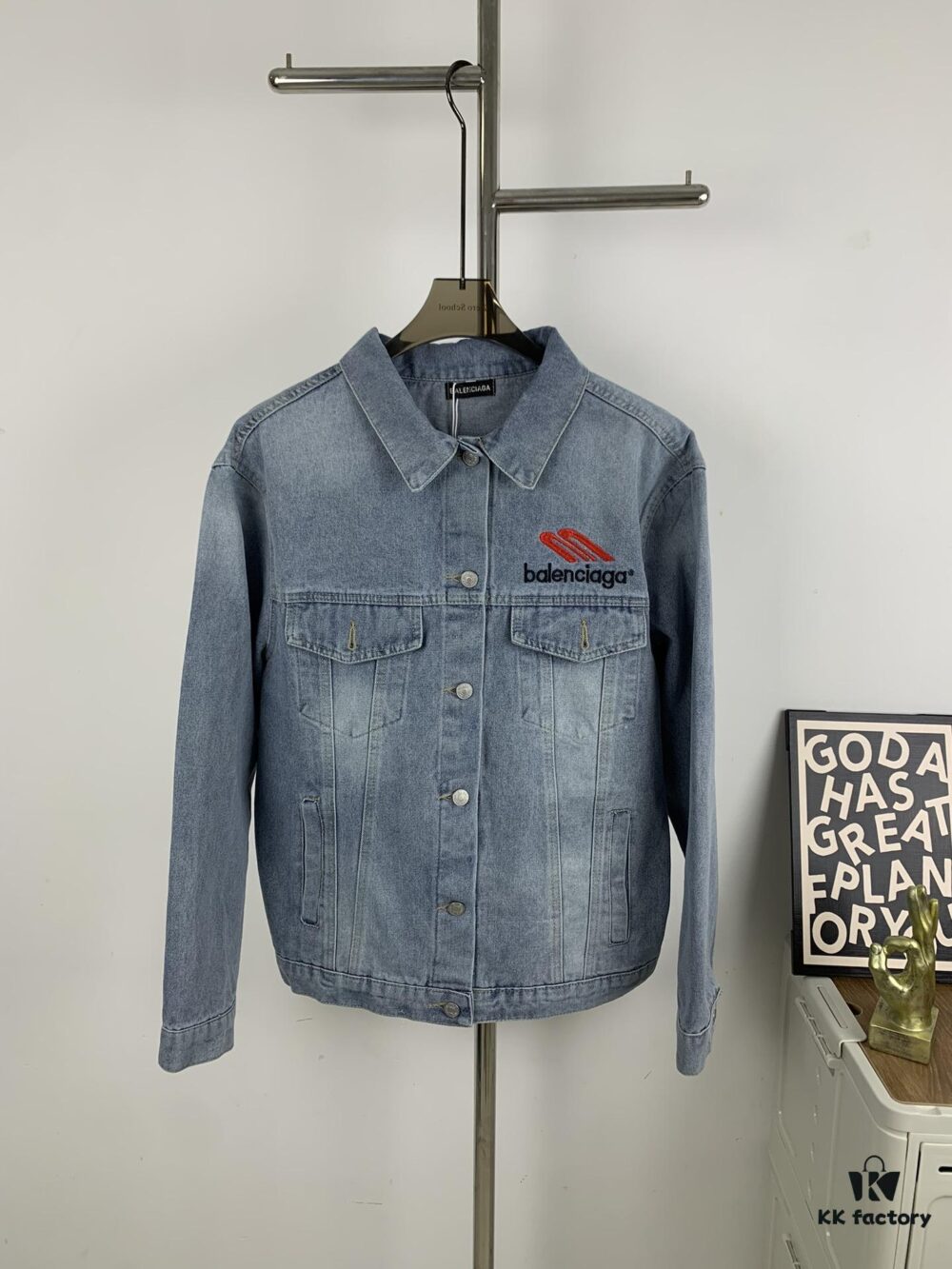 New Balenciaga Streetwear 3M Embroidery Unisex High-Quality Washed Denim Jacket