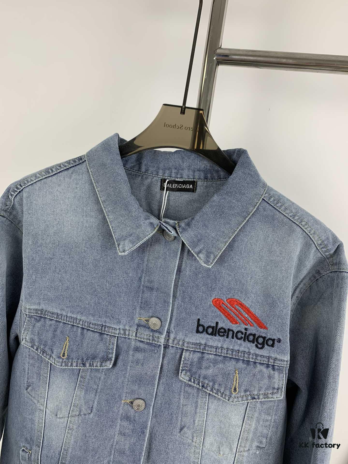 New Balenciaga Streetwear 3M Embroidery Unisex High-Quality Washed Denim Jacket