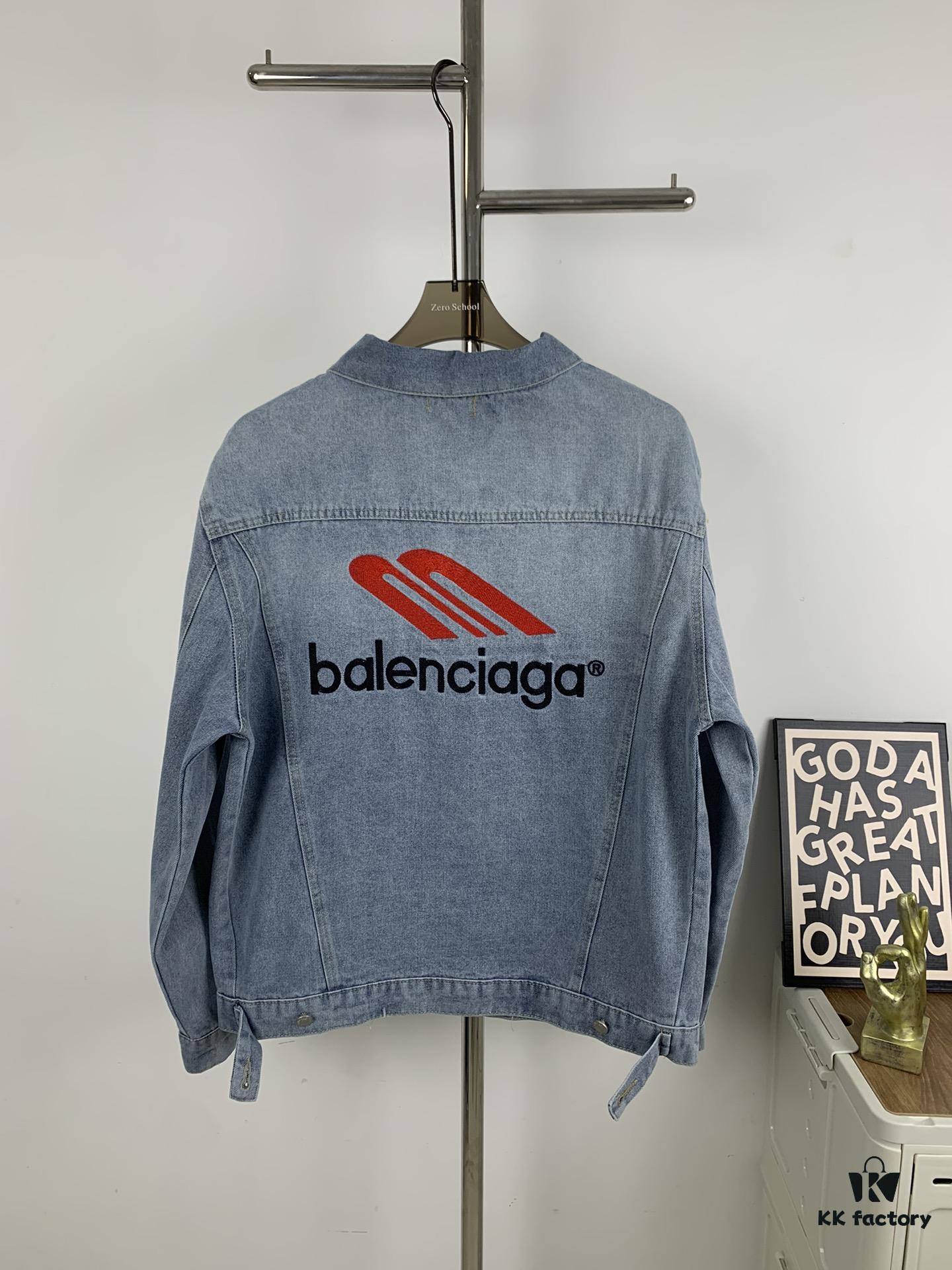New Balenciaga Streetwear 3M Embroidery Unisex High-Quality Washed Denim Jacket
