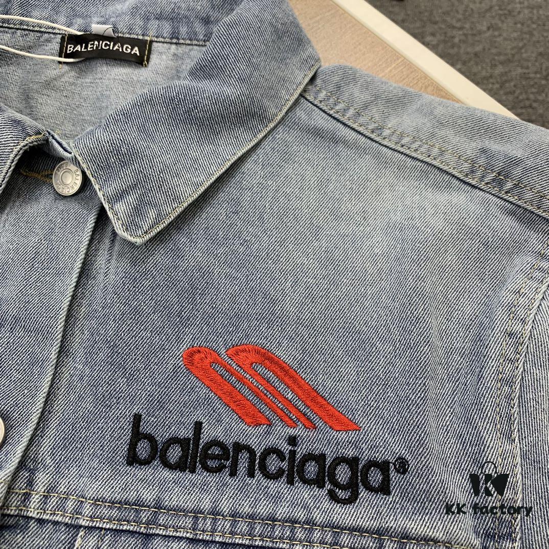 New Balenciaga Streetwear 3M Embroidery Unisex High-Quality Washed Denim Jacket