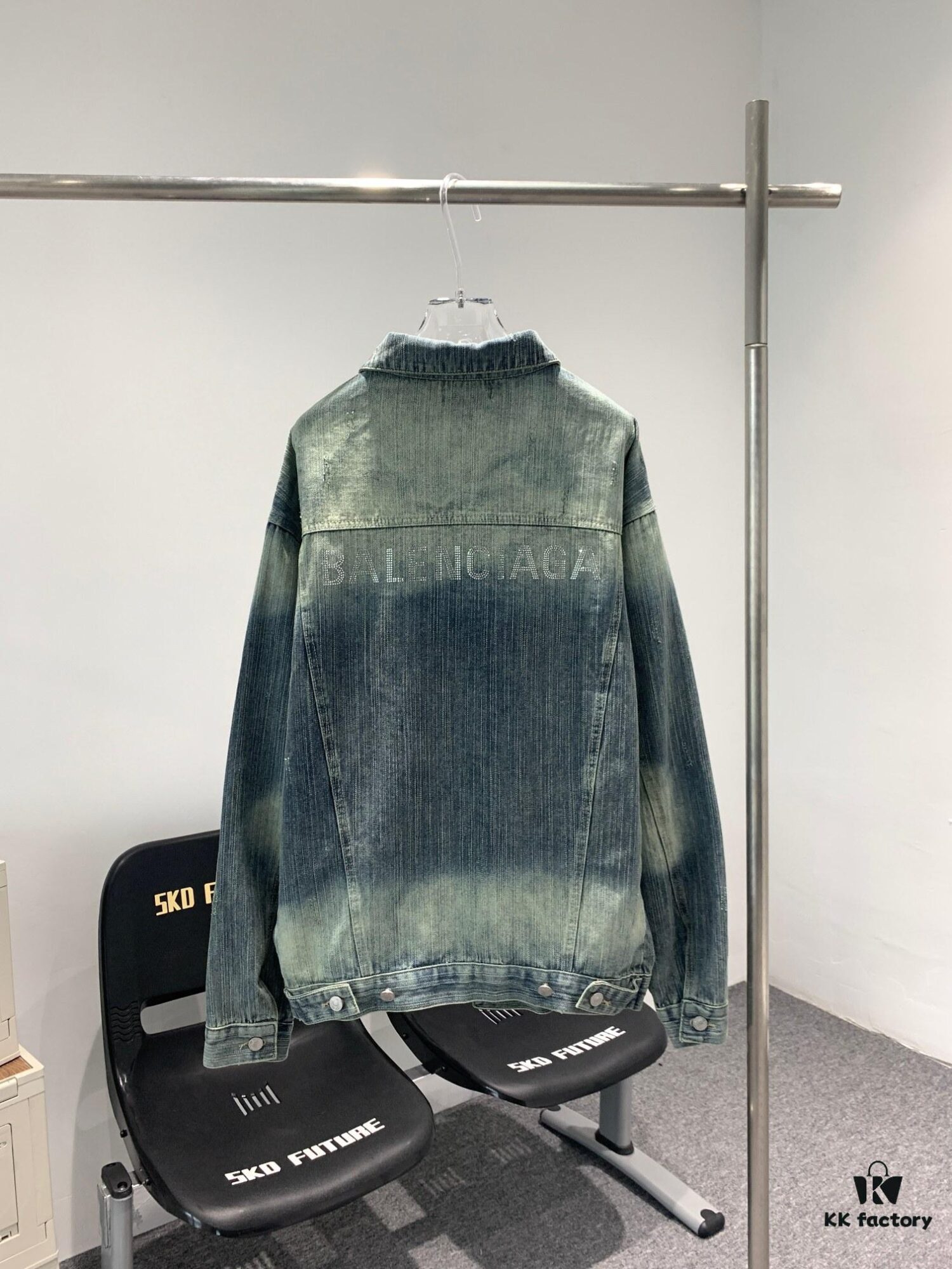 New Balenciaga BLCG Washed Vintage Back Rhinestone Logo Denim Jacket