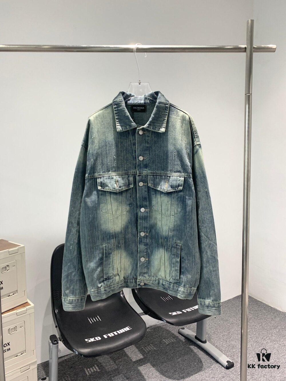 New Balenciaga BLCG Washed Vintage Back Rhinestone Logo Denim Jacket