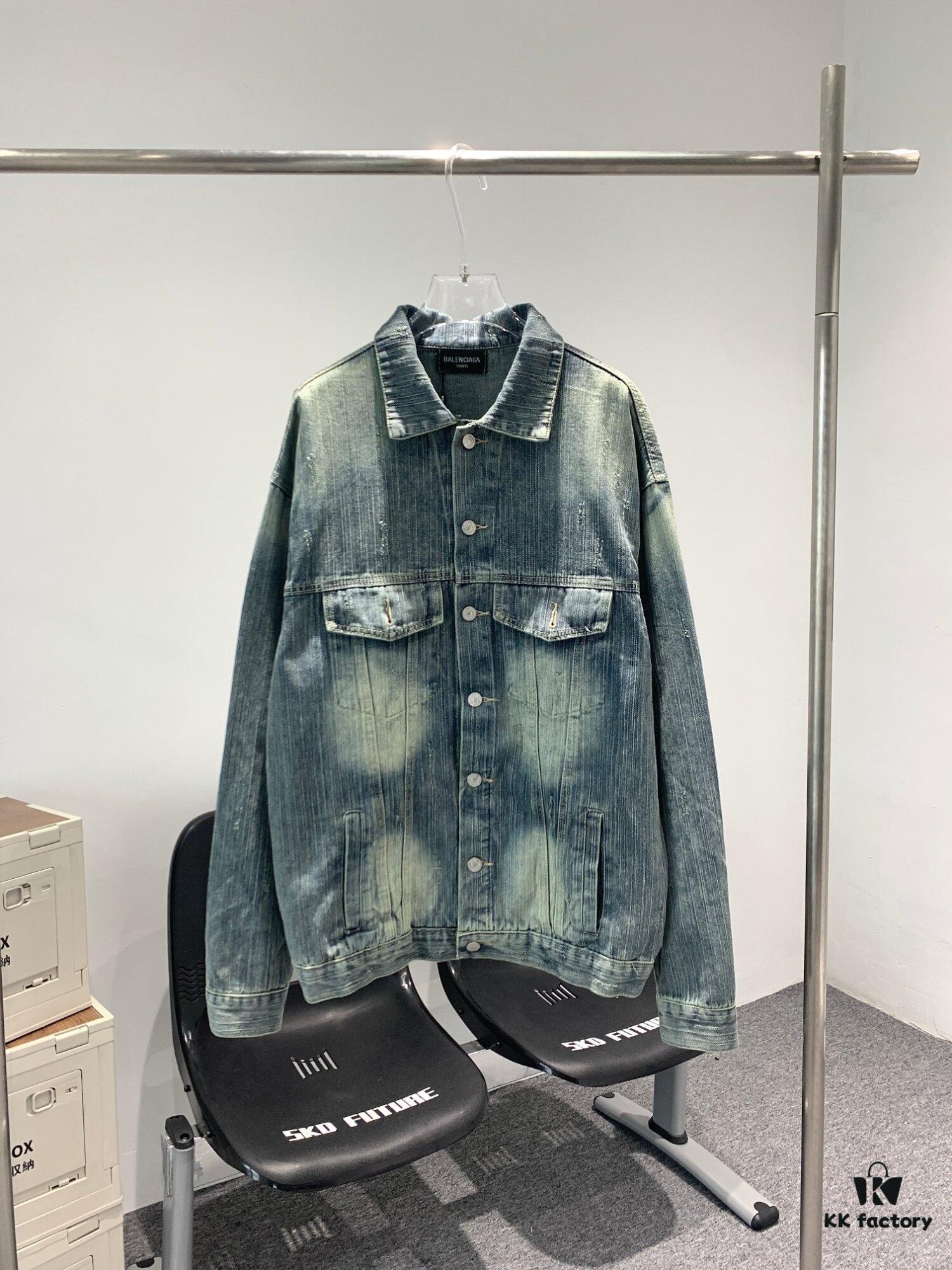 New Balenciaga BLCG Washed Vintage Back Rhinestone Logo Denim Jacket