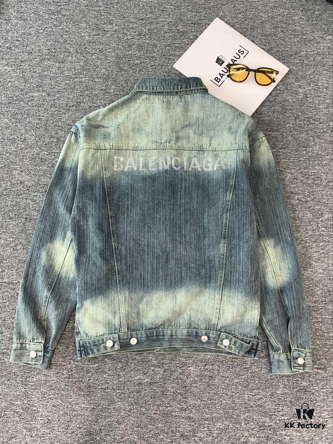 New Balenciaga BLCG Washed Vintage Back Rhinestone Logo Denim Jacket