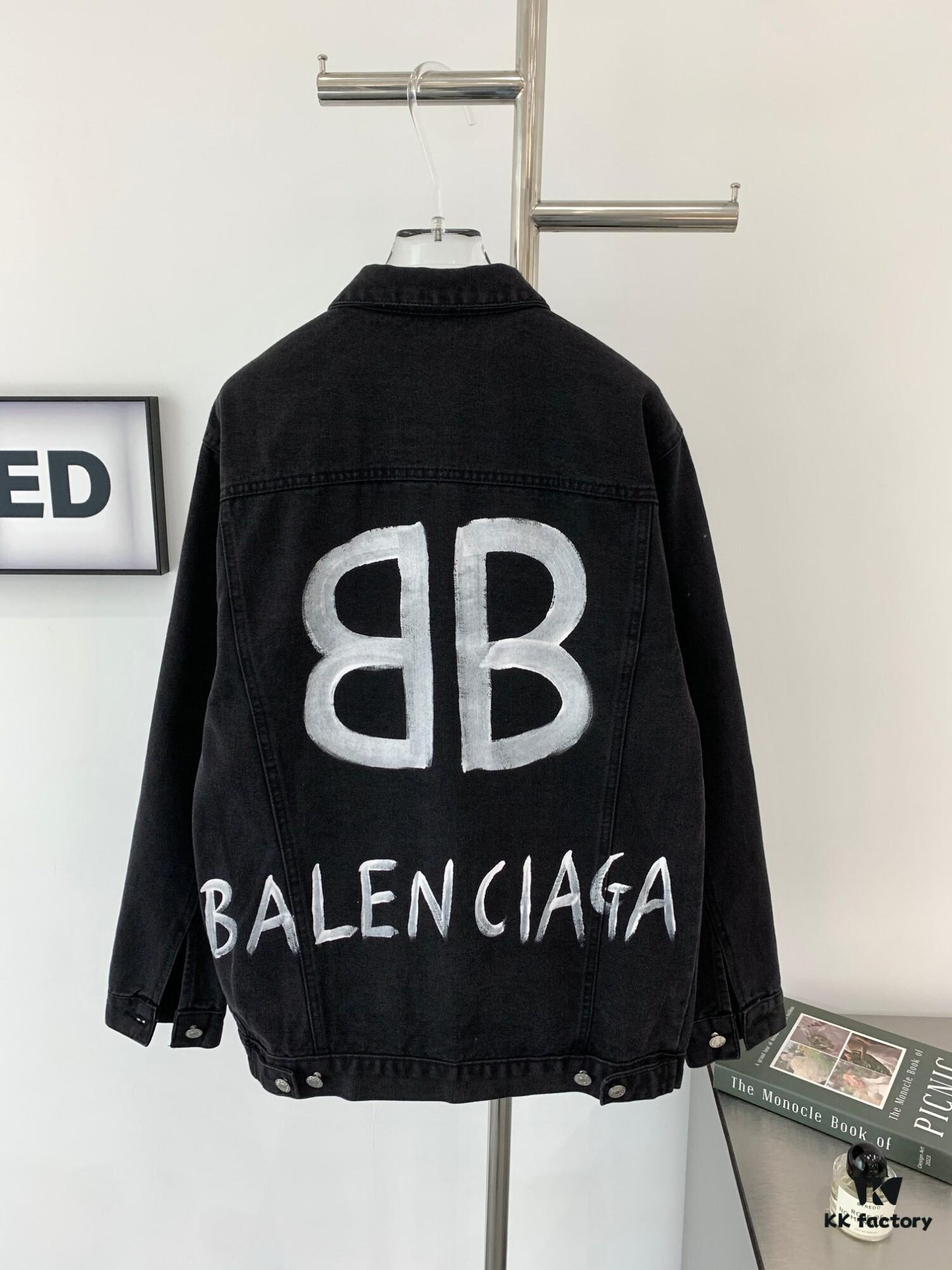 Balenciaga Double B Graffiti White Splatter Print Vintage Wash Denim Jacket