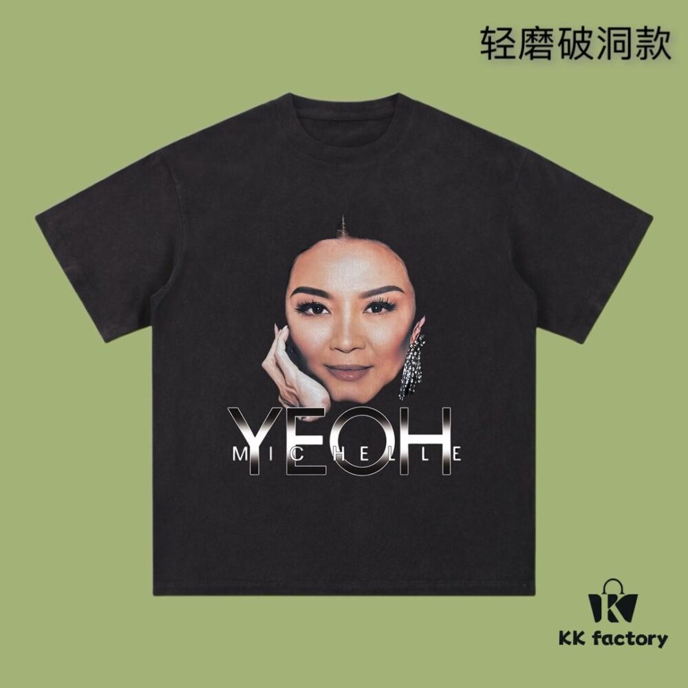 High-Quality Balenciaga 2025 Fall Spring-Summer Collection Yeoh Portrait Short-Sleeve T-Shirt Imported Kangnun Digital Direct-to-Garment Printing Custom Dyed Premium Streetwear 26s Double Yarn 100% Washed 300g Garment-Dyed Light Washed Distressed Ripped Loose Fit Unisex OS