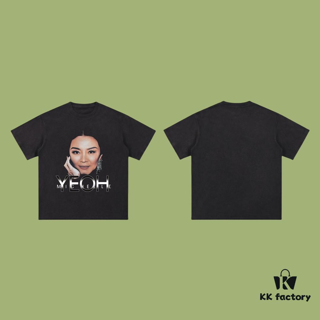 High-Quality Balenciaga 2025 Fall Spring-Summer Collection Yeoh Portrait Short-Sleeve T-Shirt Imported Kangnun Digital Direct-to-Garment Printing Custom Dyed Premium Streetwear 26s Double Yarn 100% Washed 300g Garment-Dyed Light Washed Distressed Ripped Loose Fit Unisex OS