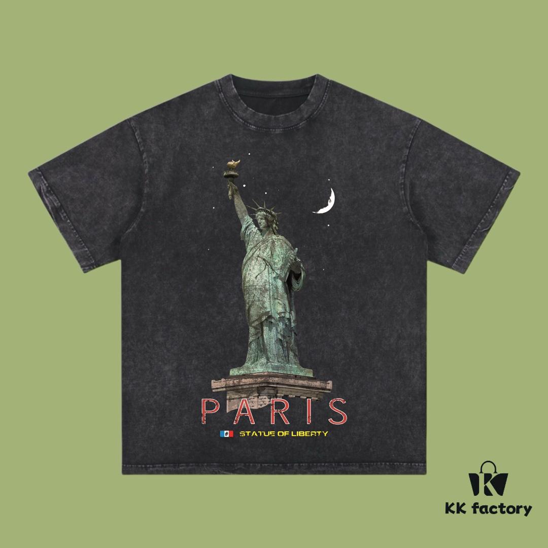 High-End Quality Balenciaga 2025 Fall Spring/Summer Collection Liberty Statue 🗽 Short Sleeve T-Shirt, Imported Kangnan Digital Direct-to-Garment Printing, Custom-Dyed Premium Streetwear, 26-Single 100% Washed 300G Double-Yarn Cotton, Garment-Dyed and Snow-Washed Finish, OS Loose Fit Unisex Design