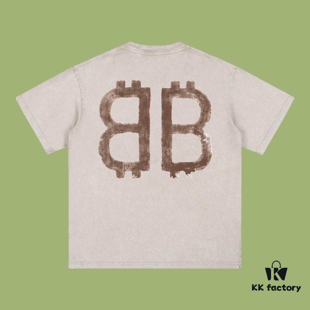 High-End Quality Balenciaga 2025 Fall Spring/Summer Collection Double B Short Sleeve T-Shirt Imported Kanglong Digital Direct-to-Garment Printing Custom-Dyed High-Quality Streetwear 26-Single 100% Washed 300G Garment-Dyed and Washed Snowflake Finish OS Loose Fit Unisex