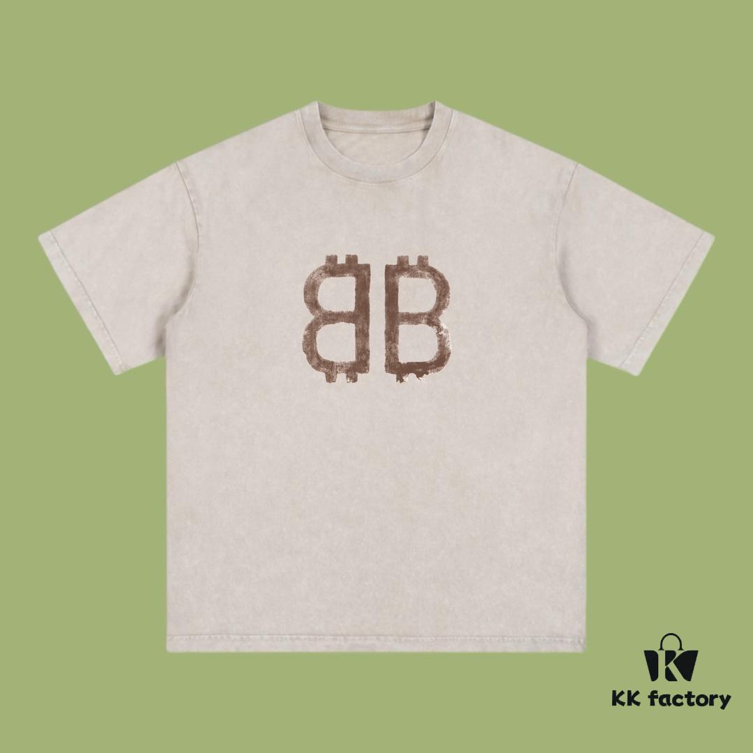 High-End Quality Balenciaga 2025 Fall Spring/Summer Collection Double B Short Sleeve T-Shirt Imported Kanglong Digital Direct-to-Garment Printing Custom-Dyed High-Quality Streetwear 26-Single 100% Washed 300G Garment-Dyed and Washed Snowflake Finish OS Loose Fit Unisex
