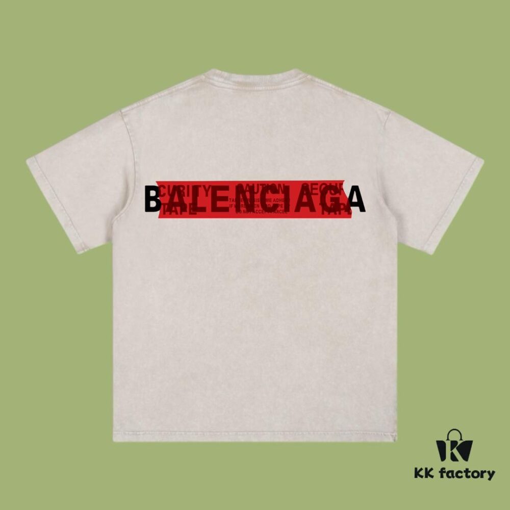 High-End Quality Balenciaga 2025 Fall Spring/Summer Collection Red Tape Logo Short Sleeve T-Shirt, Imported Kang Ning Digital Direct-to-Garment Printing, Custom-Dyed Premium Streetwear Brand, 26-Single 100% Washed 300G Double-Yarn Fabric, Garment-Dyed and Washed with Snow-Fade Effect, OS Loose Fit Unisex Design