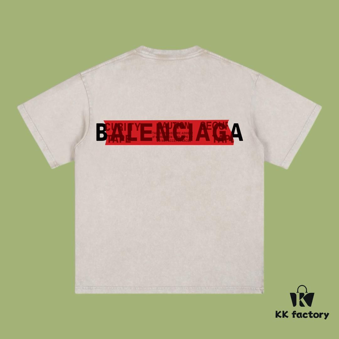 High-End Quality Balenciaga 2025 Fall Spring/Summer Collection Red Tape Logo Short Sleeve T-Shirt, Imported Kang Ning Digital Direct-to-Garment Printing, Custom-Dyed Premium Streetwear Brand, 26-Single 100% Washed 300G Double-Yarn Fabric, Garment-Dyed and Washed with Snow-Fade Effect, OS Loose Fit Unisex Design