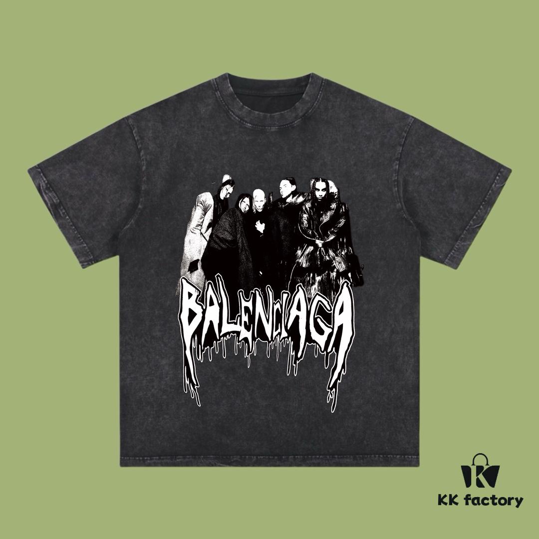 High-End Quality Balenciaga 2025 Fall Spring/Summer Collection Band Portrait Short-Sleeve T-Shirt, Imported Kanglong Digital Direct-to-Garment Printing, Premium Streetwear Dyed Fabric, 26 Single 100% Double Yarn, Post-Wash Weight 300g, Garment-Dyed and Snow-Washed Finish, OS Loose Fit Unisex Design