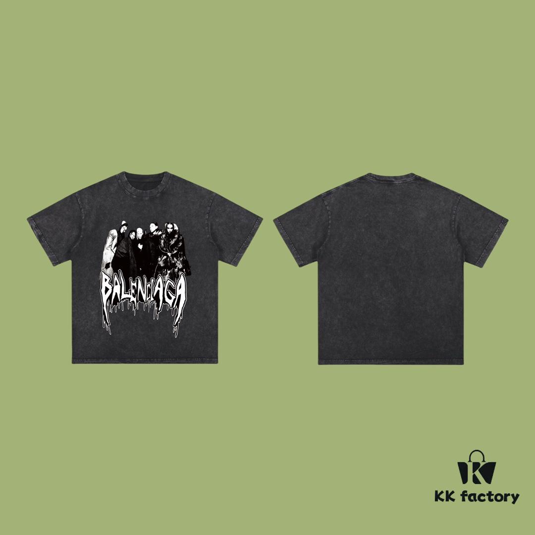 High-End Quality Balenciaga 2025 Fall Spring/Summer Collection Band Portrait Short-Sleeve T-Shirt, Imported Kanglong Digital Direct-to-Garment Printing, Premium Streetwear Dyed Fabric, 26 Single 100% Double Yarn, Post-Wash Weight 300g, Garment-Dyed and Snow-Washed Finish, OS Loose Fit Unisex Design