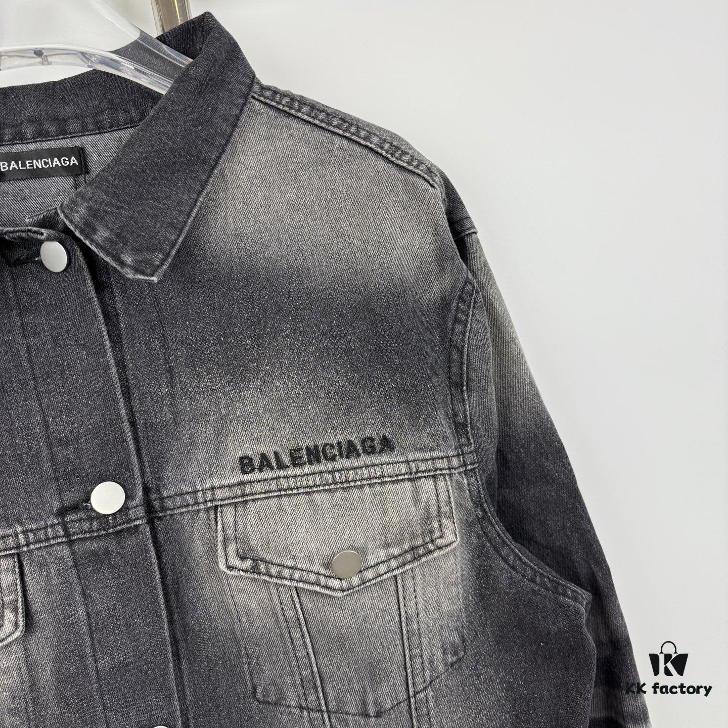 New Balenciaga Logo Embroidered Washed Denim Gray Jacket