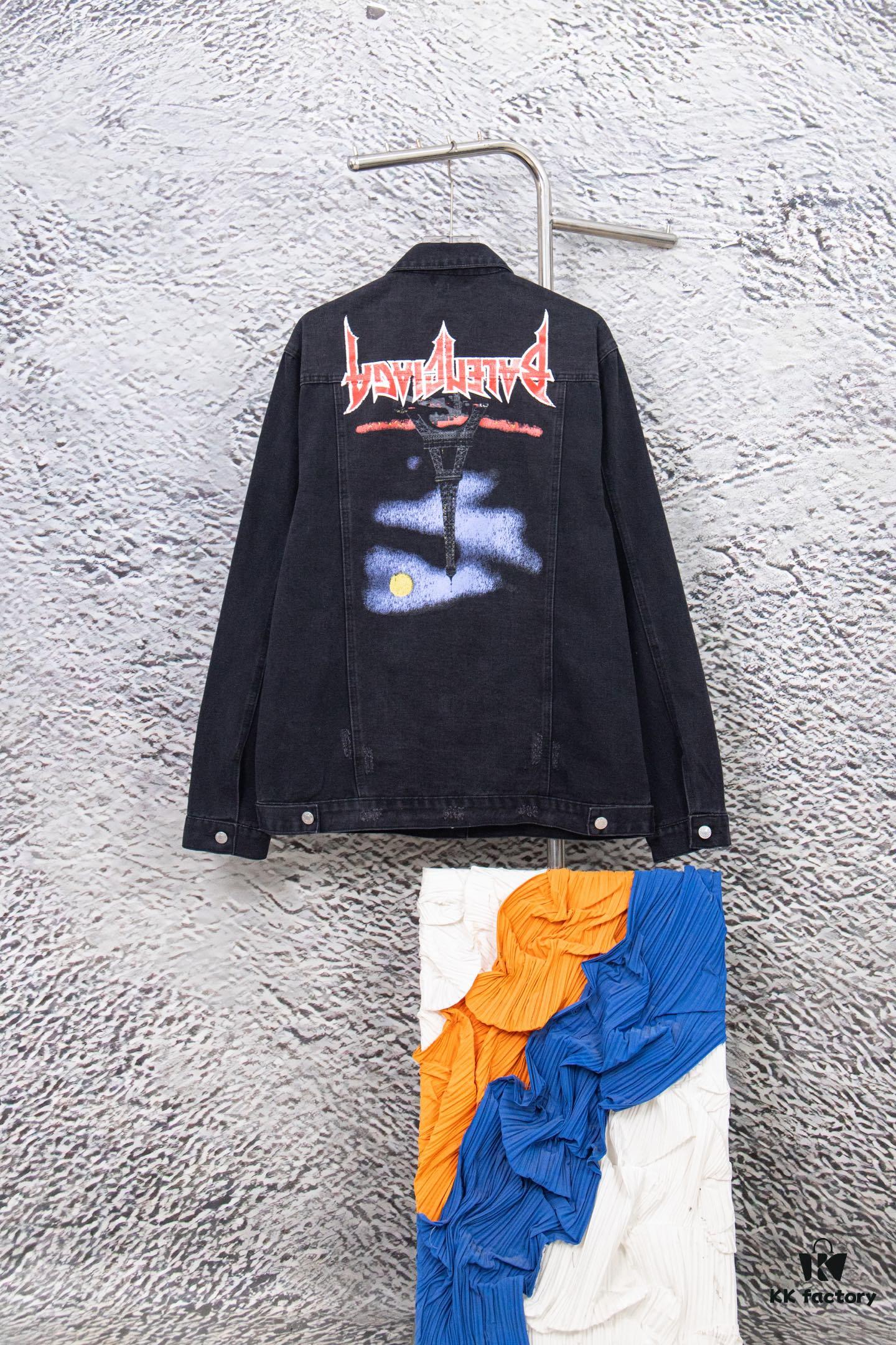Balenciaga 2024 Fall/Winter New Loose Oversized Denim Jacket with Eiffel Tower Design
