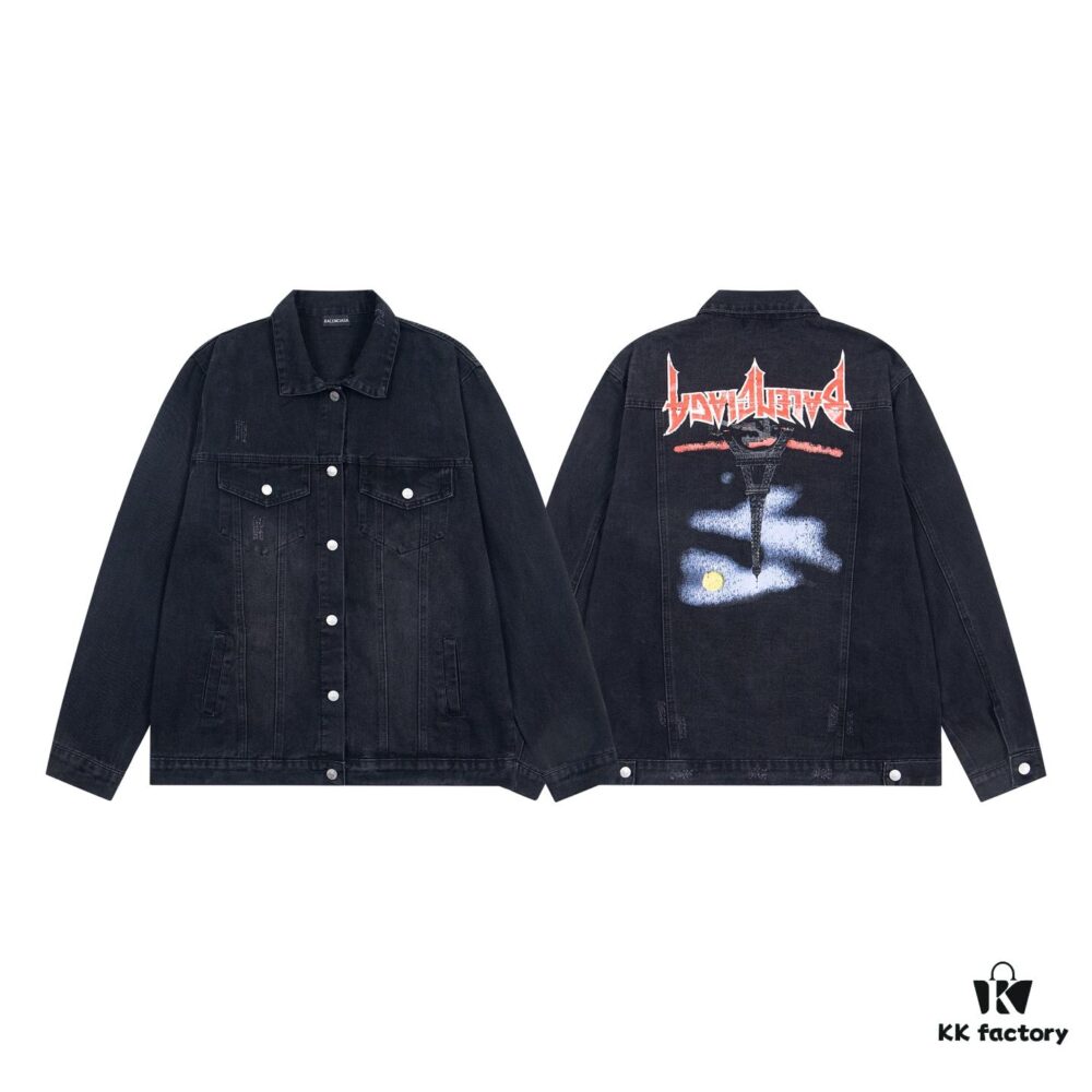Balenciaga 2024 Fall/Winter New Loose Oversized Denim Jacket with Eiffel Tower Design