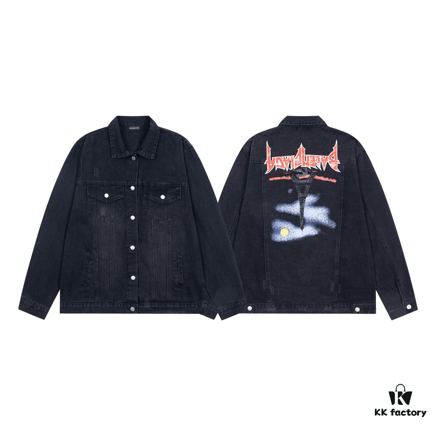 Balenciaga 2024 Fall/Winter New Loose Oversized Denim Jacket with Eiffel Tower Design