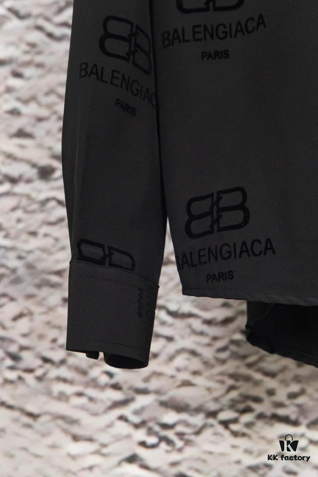 Balenciaga 2024 SS New Lock Print Flocked Shirt Unisex - Cotton Satin Fabric with Classic Grid Design