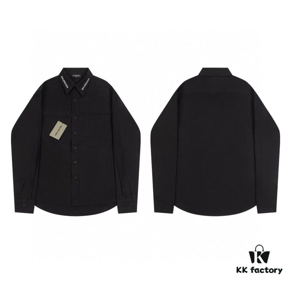 New Balenciaga BLCG 24SS Long-Sleeve Shirt with Embroidered Lettering at Collar, Minimalist Design