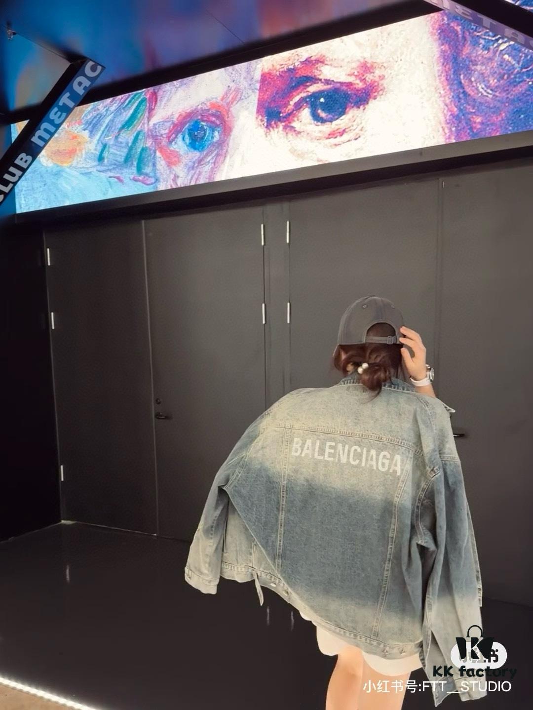 New Balenciaga-style Washed Vintage Denim Jacket with Back Rhinestone Lettering BLCG