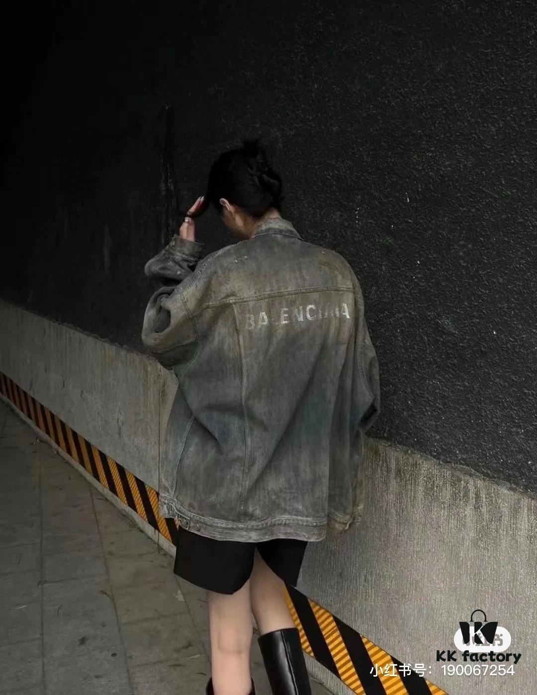 New Balenciaga-style Washed Vintage Denim Jacket with Back Rhinestone Lettering BLCG