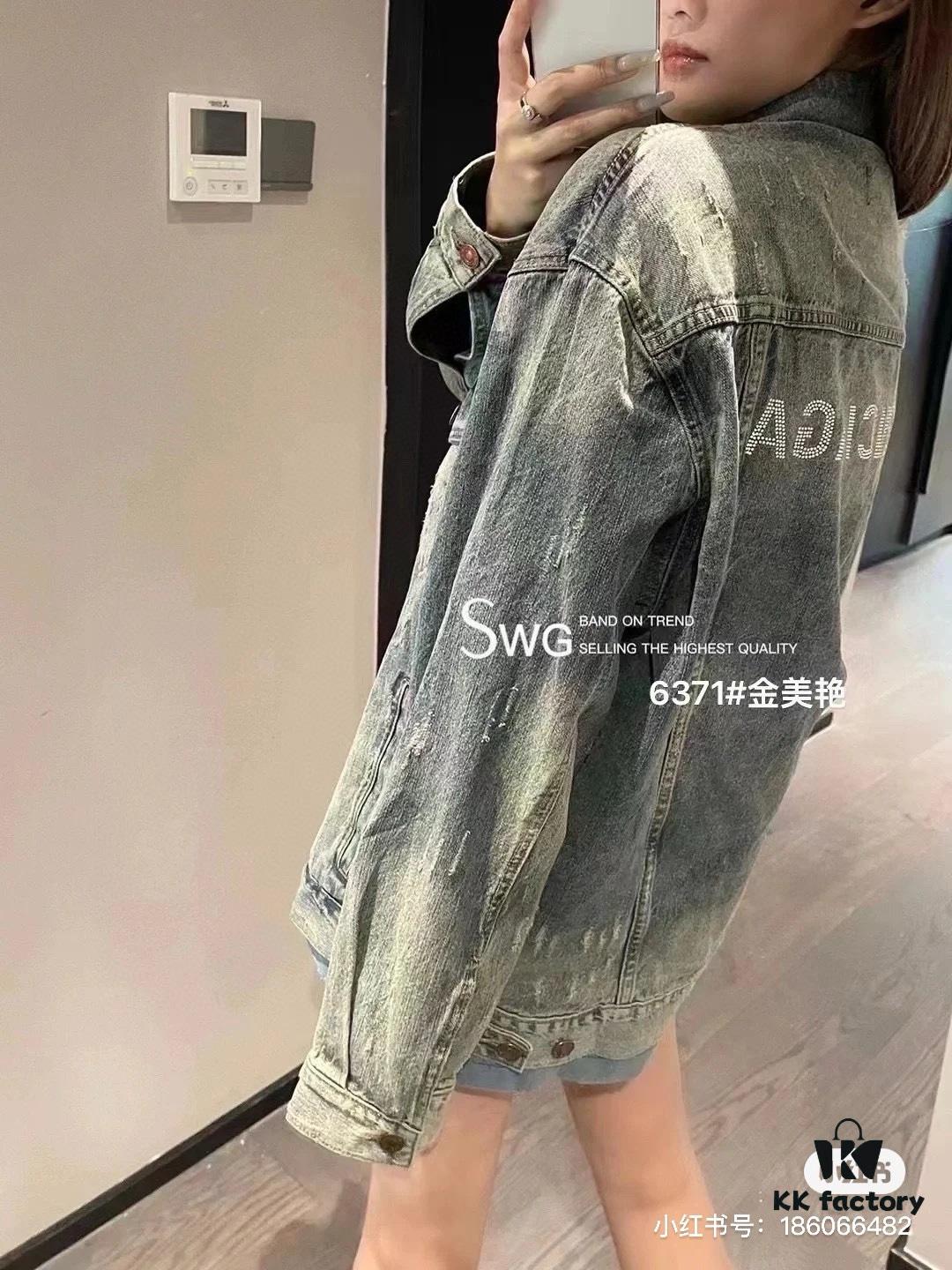 New Balenciaga-style Washed Vintage Denim Jacket with Back Rhinestone Lettering BLCG