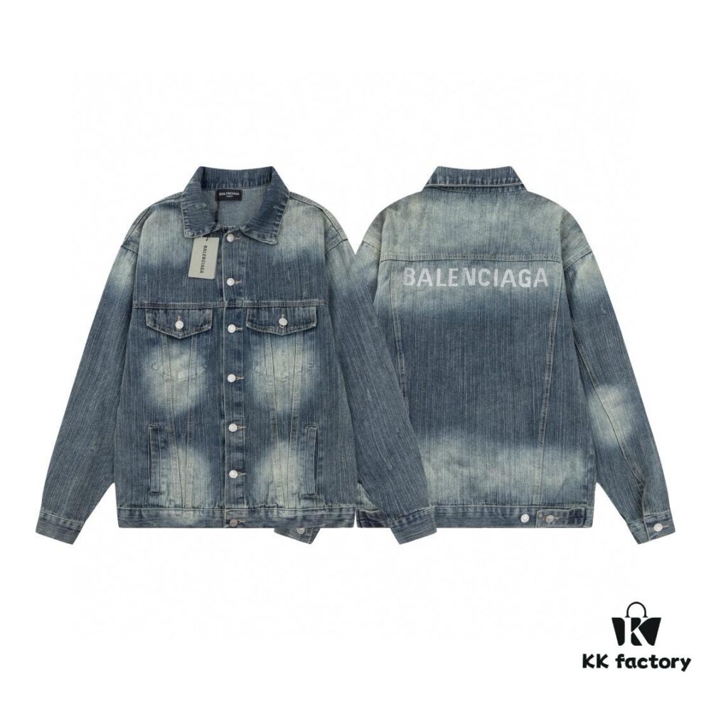 New Balenciaga-inspired Washed Vintage Denim Jacket with Back Rhinestone Lettering