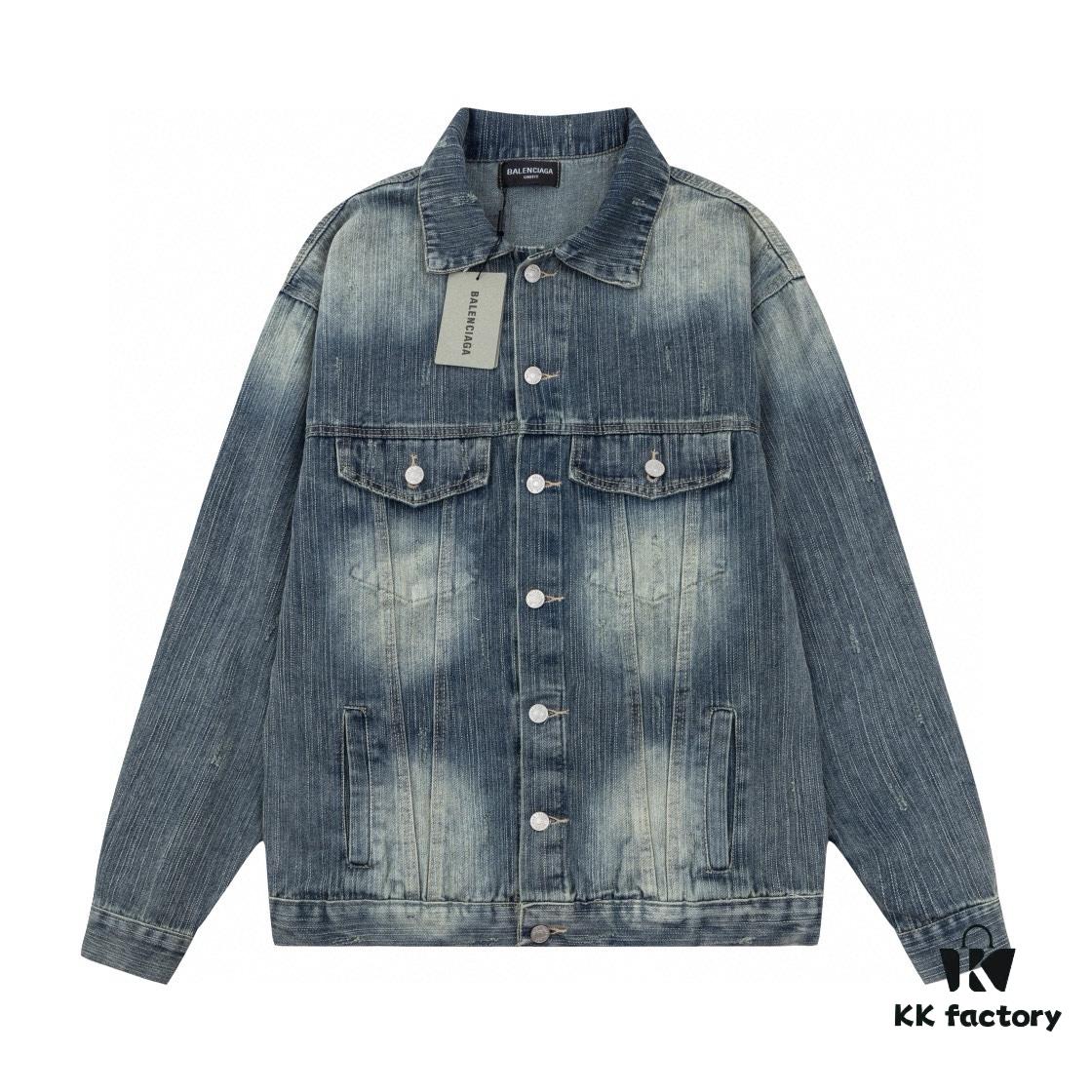 New Balenciaga-inspired Washed Vintage Denim Jacket with Back Rhinestone Lettering